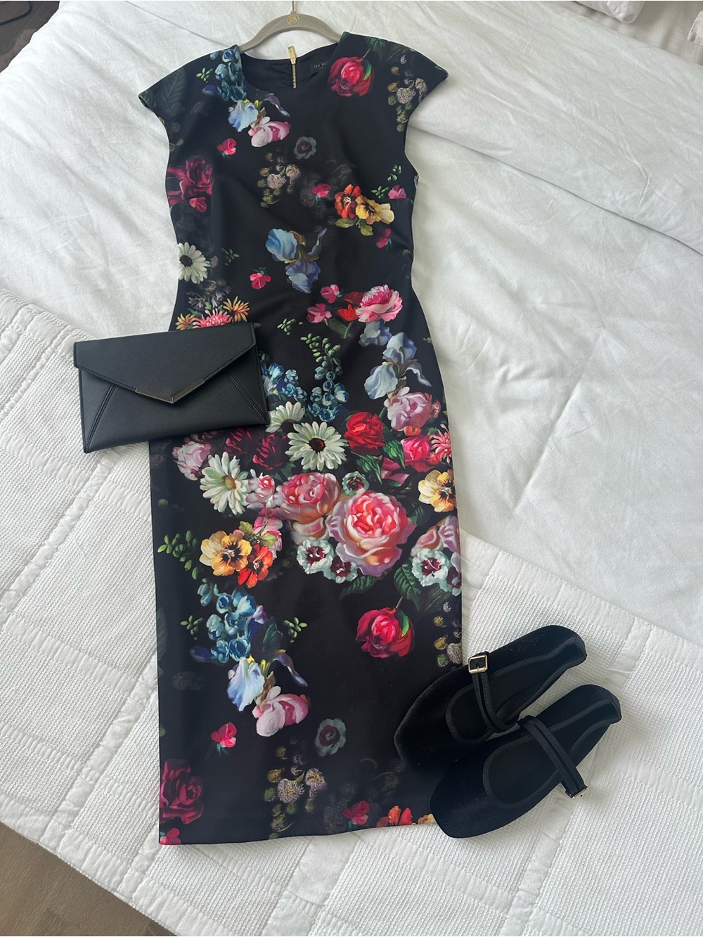 Ted Baker Black Floral Midi Sheath Dress
